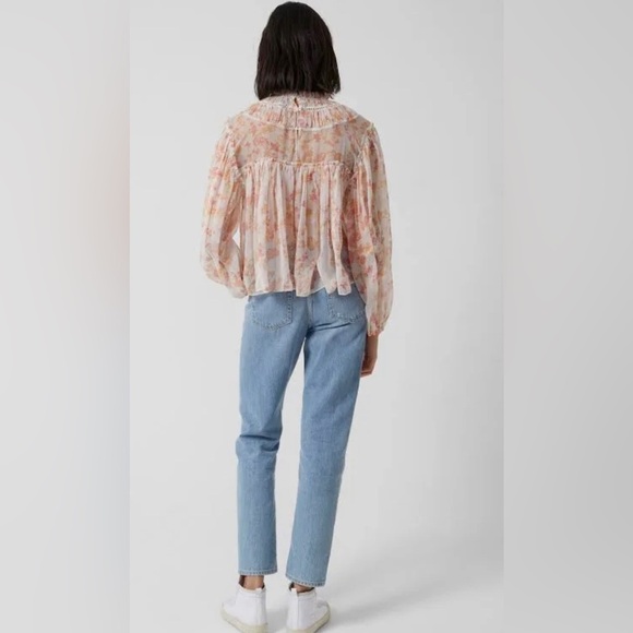 NEW FRENCH CONNECTION- Flowy Mock Neck Blouse with sheer arms in floral print - Picture 4 of 10